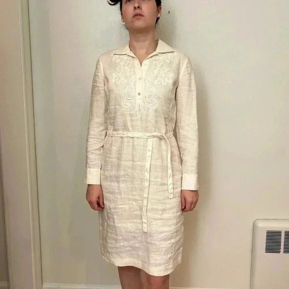 TALBOTS linen embroidered knee length belted shirt dress size 4P sundress dissh - Picture 2 of 10